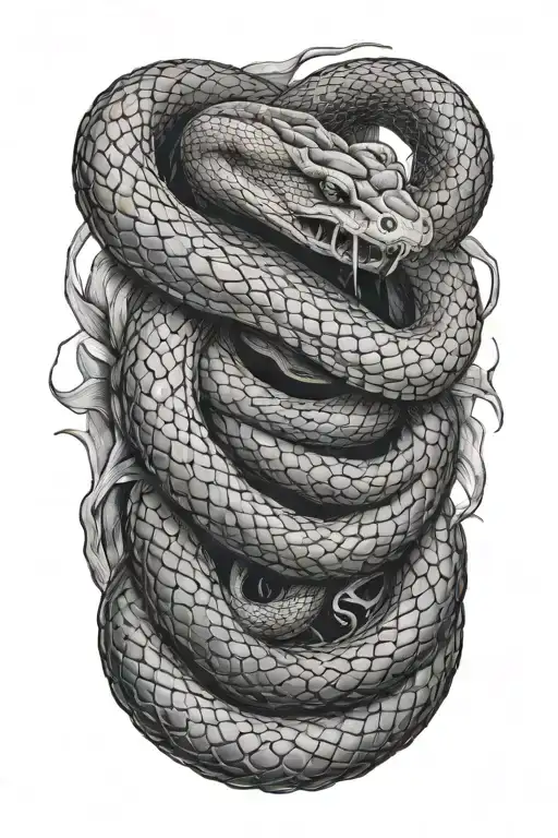 bird's eye view of snake emerging from a black hold, with angelic light coming out of head tattoo design idea