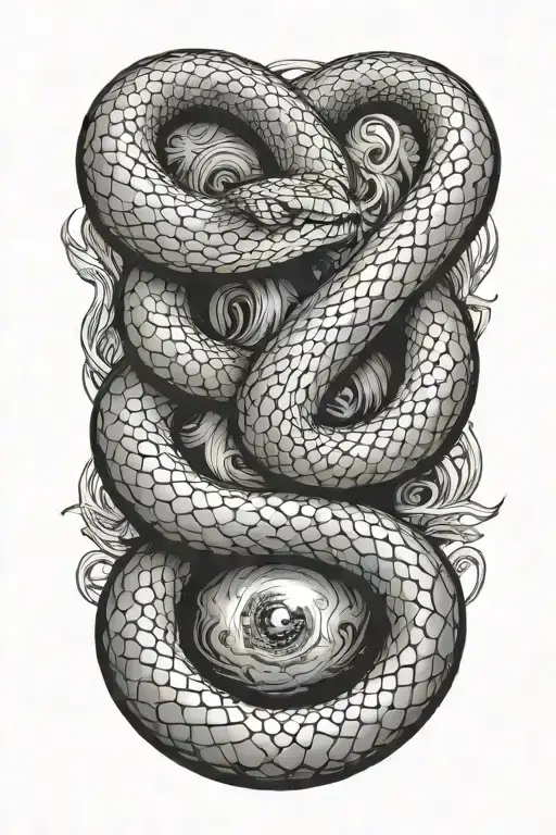 bird's eye view of snake emerging from a black hole, with angelic light coming out of head tattoo design idea
