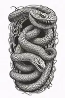 bird's eye view of snake emerging from a black hole, with angelic light coming out of head tattoo design idea