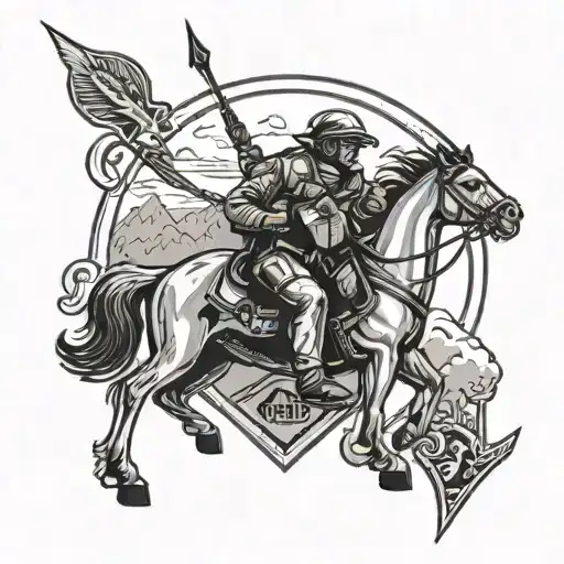 A black-grey tattoo of a police badge with a silhouette of a hunter aiming a bow and arrow, with a background of a scenic Western landscape tattoo design idea