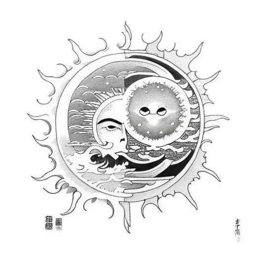 sun vs moon in tsunami tattoo design idea