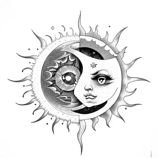 sun vs moon in tsunami tattoo design idea