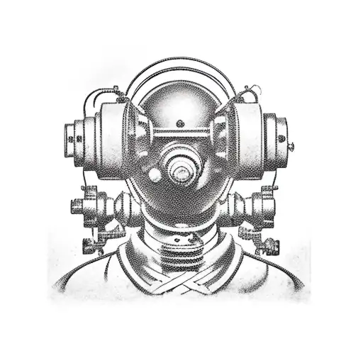 a man in an iron diving helmet, a hydrant nearby, and the number 520. in the background of the USSR tattoo design idea