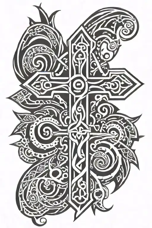 cross with the letters L N C J G tattoo design idea