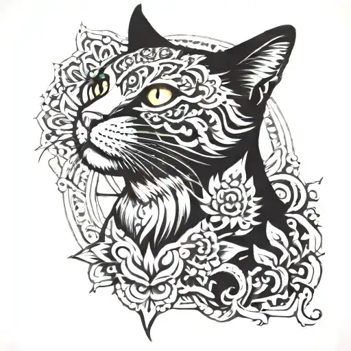 a cat with mandala behind tattoo design idea