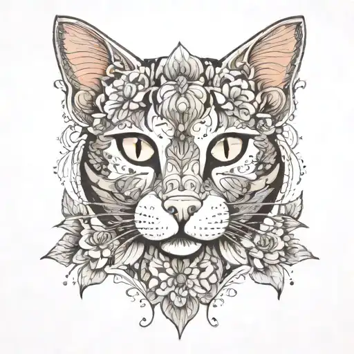a cat with mandala behind and flowers around  tattoo design idea