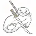 otter tattoo with big japanese sword and forehead band. no color. old style tattoo design idea