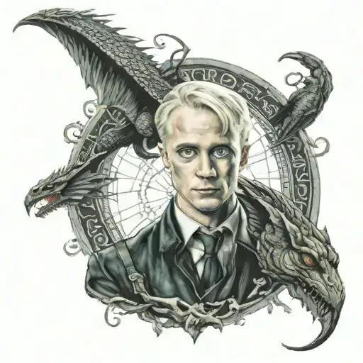 A realistic portrait of Draco Malfoy with a dragon in the background tattoo design idea