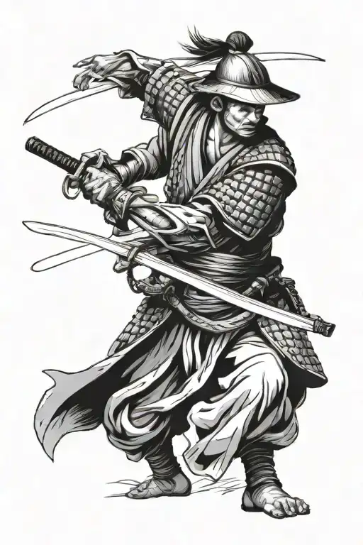 The samurai should be depicted in a dynamic pose, with a katana raised, ready for battle tattoo design idea