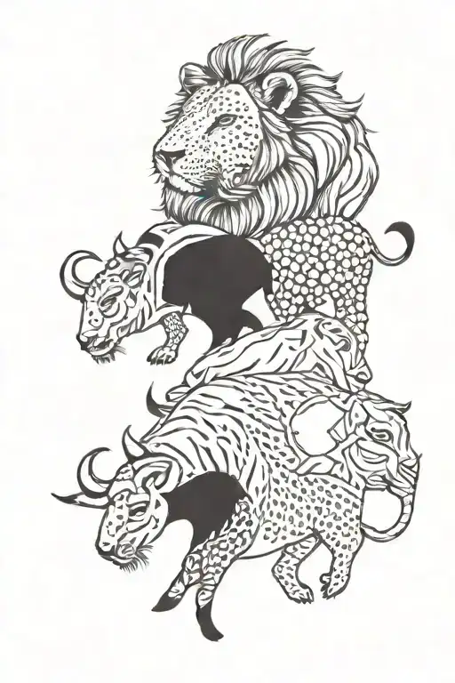 Upper arm tattoo lion, elephant, buffalo, rhino, leopard in verticle line simple tattoo design idea
