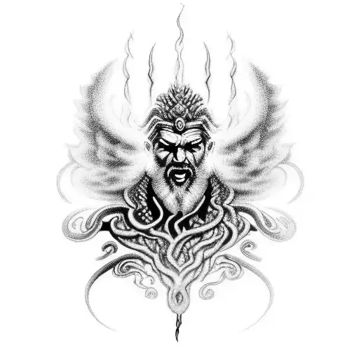 A mesmerizing black-grey tattoo of Zeus wielding thunderbolts, surrounded by swirling clouds and powerful wings. tattoo design idea