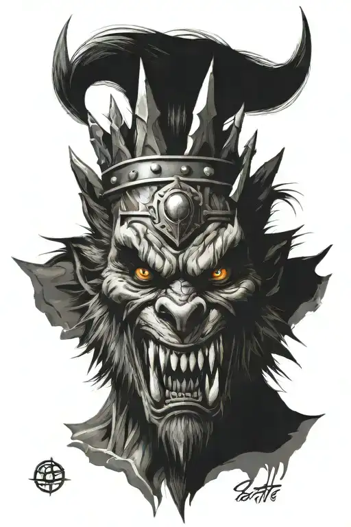 ugly and mad werewolf face with iron and spiky crown, looking in front tattoo design idea