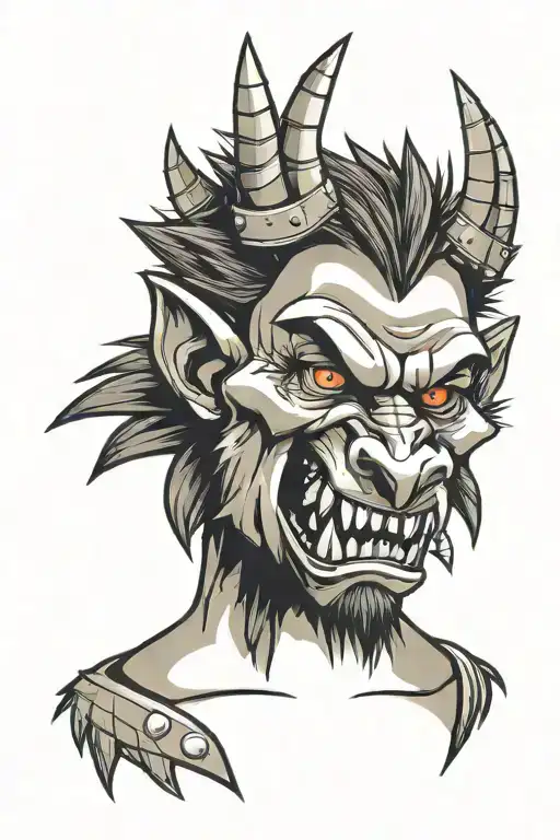ugly and mad werewolf face with iron and spiky crown tattoo design idea