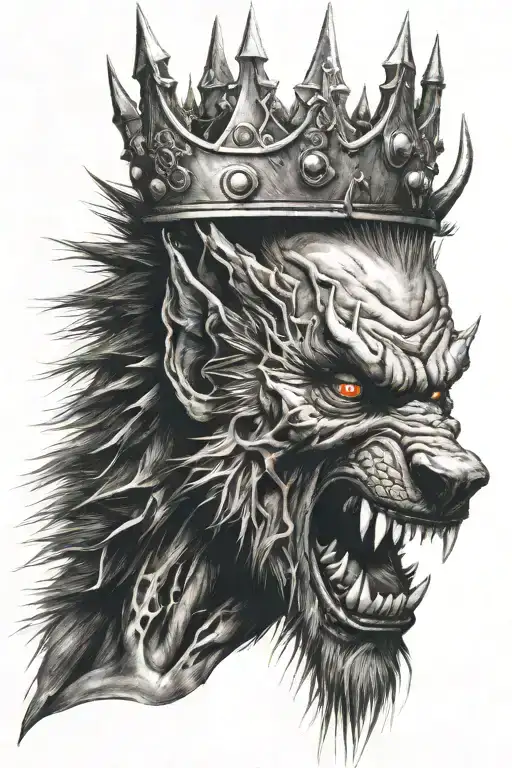 ugly and mad werewolf face with iron and spiky crown tattoo design idea