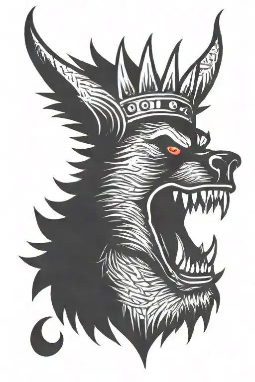ugly and mad werewolf face with iron and spiky crown tattoo design idea