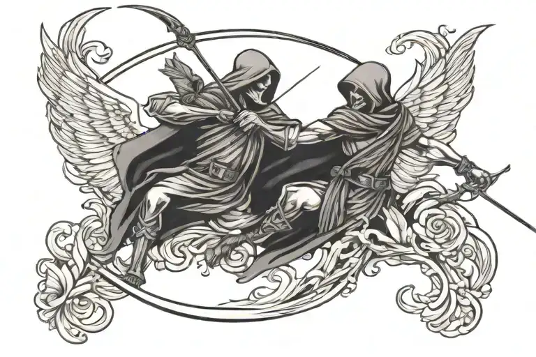 grim reaper killing cupid shooting arrow tattoo design idea