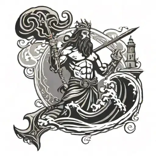 Poseidon holding a trident with lighthouse   tattoo design idea