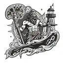 Poseidon holding a trident with lighthouse   tattoo design idea