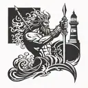 Poseidon holding a trident with lighthouse   tattoo design idea