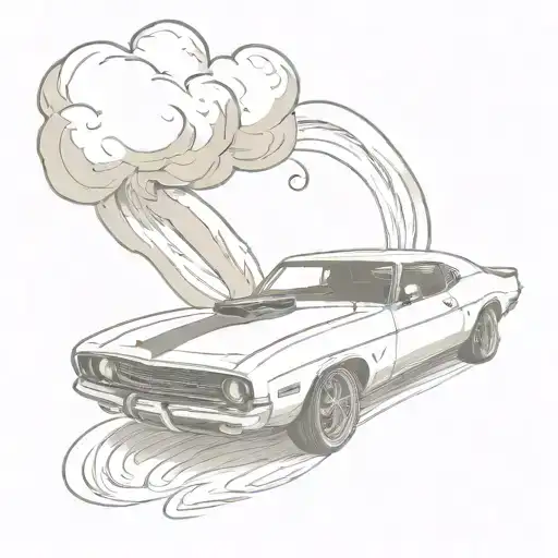 A minimalist design of a vintage muscle car with smoke swirling around it, symbolizing the 70s music and tobacco influences tattoo design idea