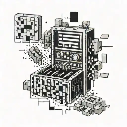 A cracked Minecraft jukebox with pixelated particles and a music disc emerging from the split. tattoo design idea