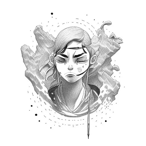 A figure of a student climbing a mountain with tears in one eye and determination in the other tattoo design idea