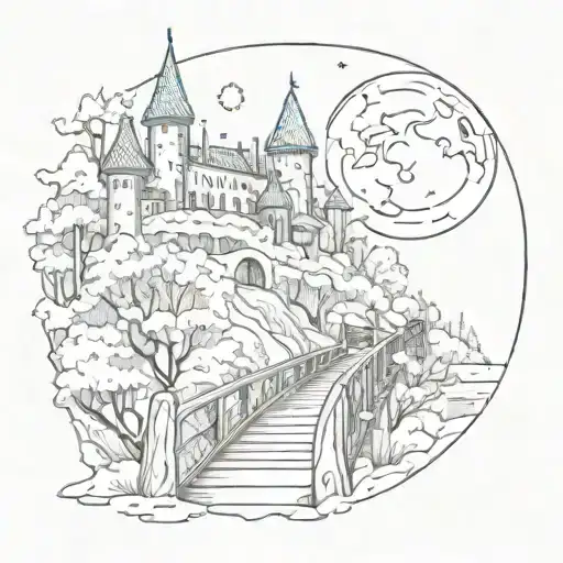night sky train tracks bridge moon winter trees with a maze around it leading to the castle tattoo design idea