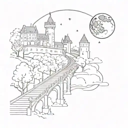 night sky train tracks bridge moon winter trees with a maze around it leading to the castle tattoo design idea