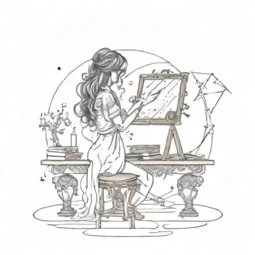gurl holding mirror on altar table with storm raging and music notes   tattoo design idea