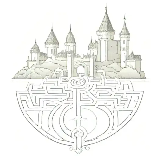 Labyrinth with castle and train track amd bell tattoo design idea