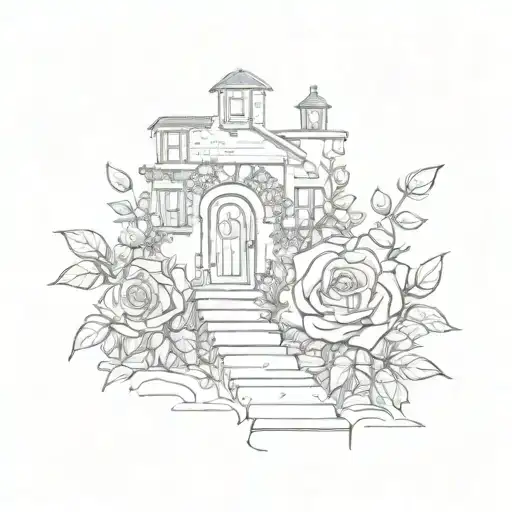 narrow path with roses growing house plants tattoo design idea