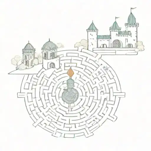 Labyrinth with castle and train track amd bell tattoo design idea