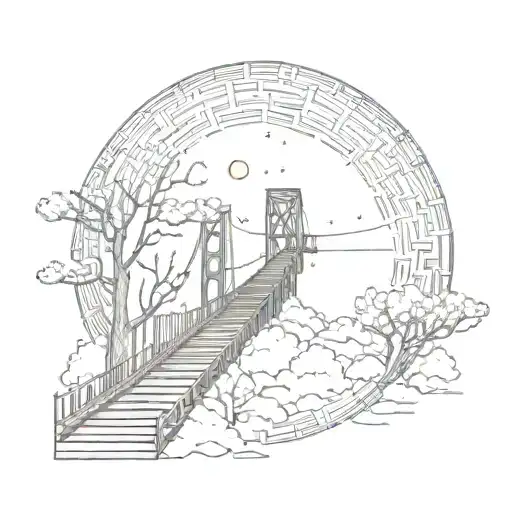 night sky train tracks bridge moon winter trees with a maze surrounding tattoo design idea