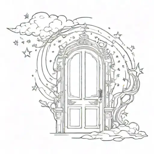 fairytale door with sky filled with stars forming tattoo design idea