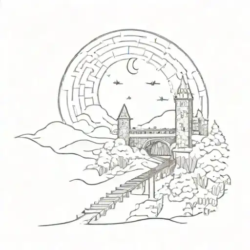 night sky train tracks bridge moon winter trees with a maze around it leading to the castle tattoo design idea