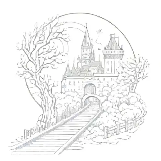 night sky train tracks bridge moon winter trees with a maze around it leading to the castle tattoo design idea