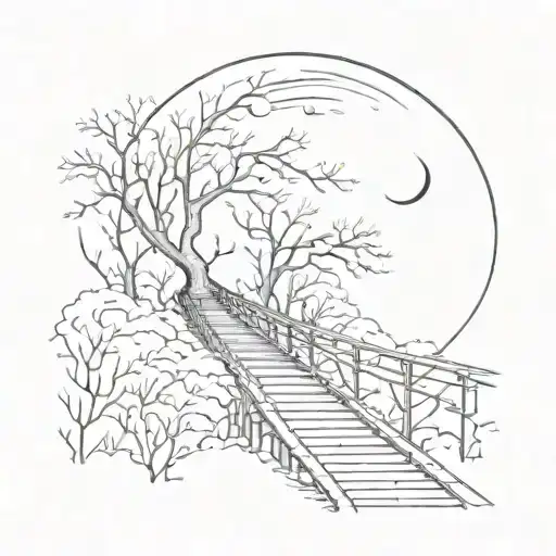 night sky train tracks bridge moon winter trees with a maze surrounding tattoo design idea