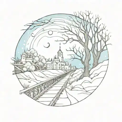 night sky train tracks bridge moon winter trees with a maze around it leading to the castle tattoo design idea