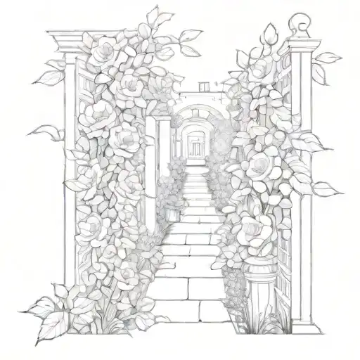 narrow path with roses growing plants leading to a garden  tattoo design idea