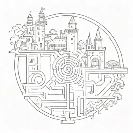 Labyrinth with castle and train track amd bell tattoo design idea