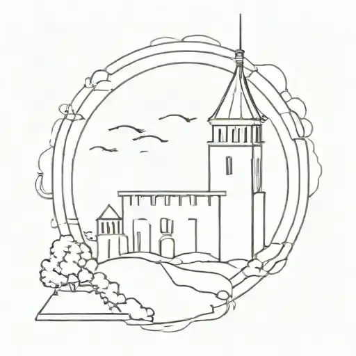 A castle with a bell tower at the center tattoo design idea