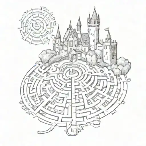 Labyrinth with castle and train track amd bell tattoo design idea
