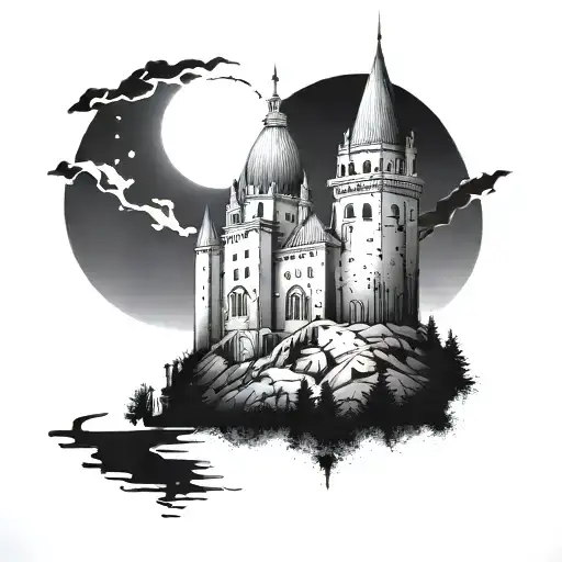A castle with a bell tower at the center tattoo design idea