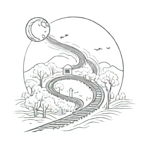 night sky train tracks moon winter trees with a maze surrounding tattoo design idea