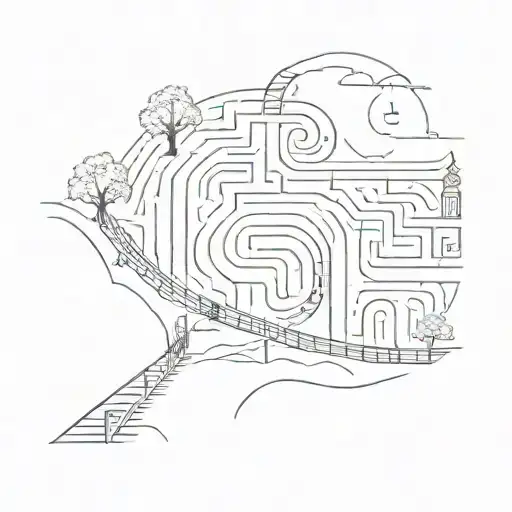 night sky train tracks moon winter trees with a maze surrounding tattoo design idea