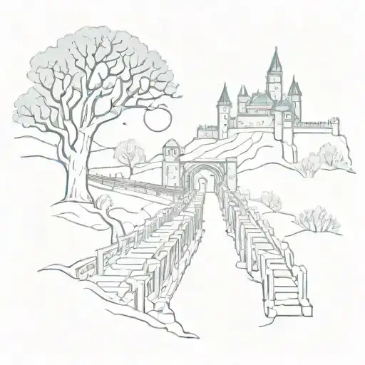 night sky train tracks bridge moon winter trees with a maze around it leading to the castle tattoo design idea