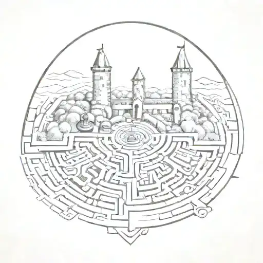 Labyrinth with castle and train track amd bell tattoo design idea