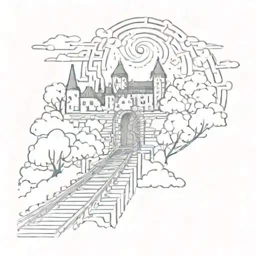 night sky train tracks bridge moon winter trees with a maze around it leading to the castle tattoo design idea