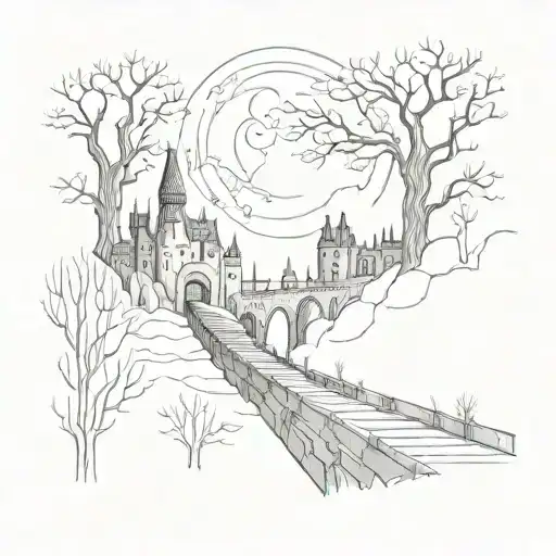 night sky train tracks bridge moon winter trees with a maze around it leading to the castle tattoo design idea