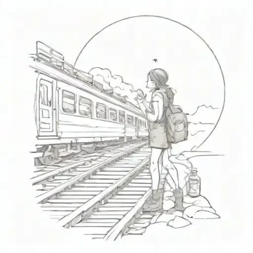 moon above train tracks girl with bottle tattoo design idea